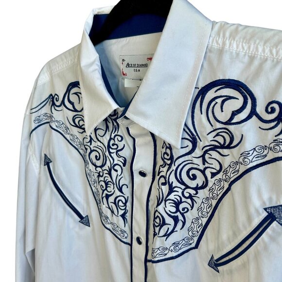 Ace of Diamonds Men's White & Blue Embroidered Western Pearl Snap Shirt Size 2X - Picture 4 of 13